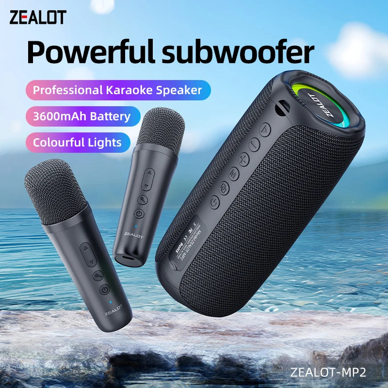 Zealot-MP2 Karaoke Machine Portable Bluetooth Speaker with 1-2 Wireless Microphone 10H Playtime, IPX5 Waterproof for Outdoor