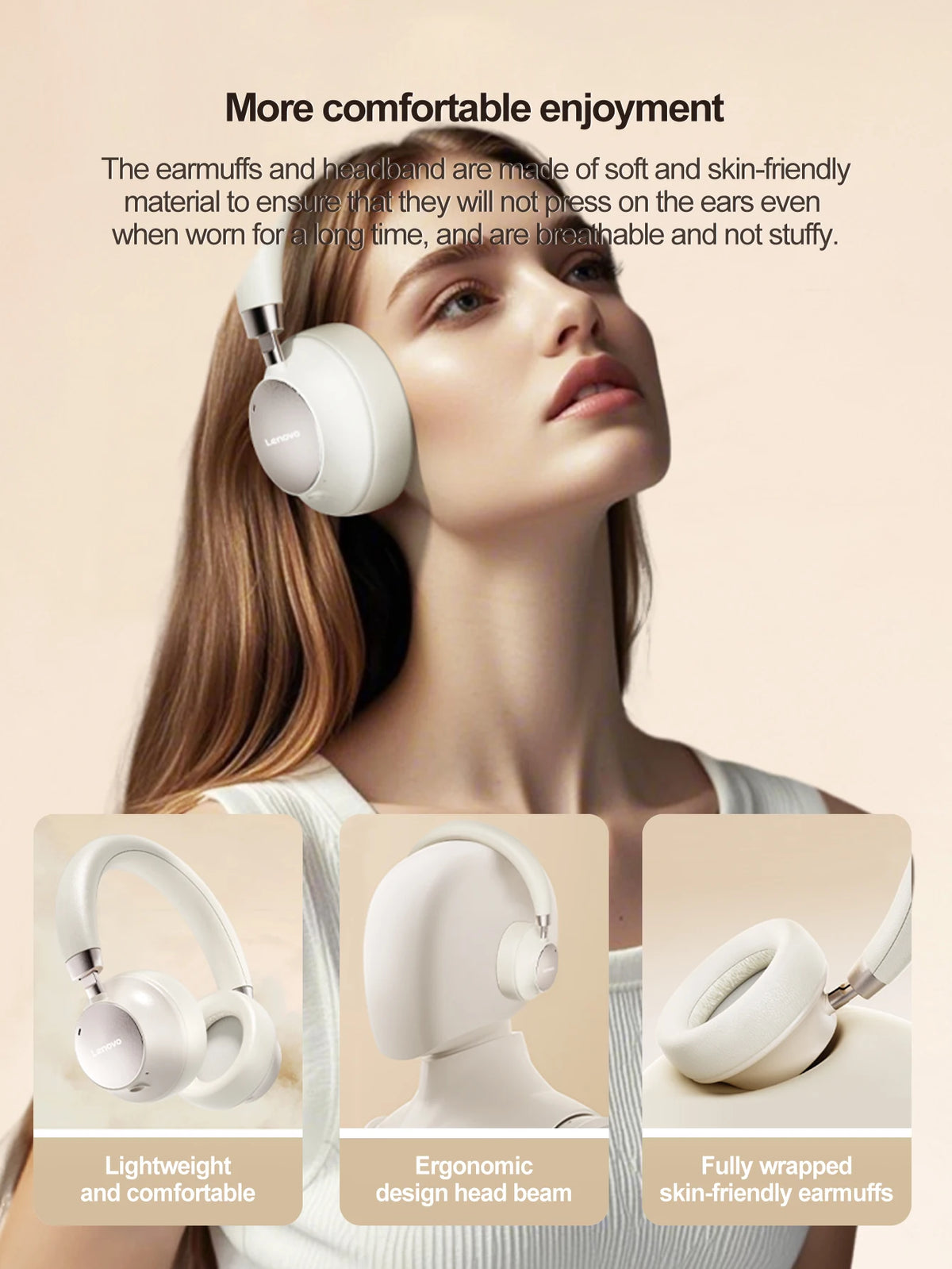 Lenovo TB300 Bluetooth 5.4 Over Ear Headset Noise Reduction Mic 190g Light Soft Earpads 400mAh Battery 3.5mm Wired Headphones
