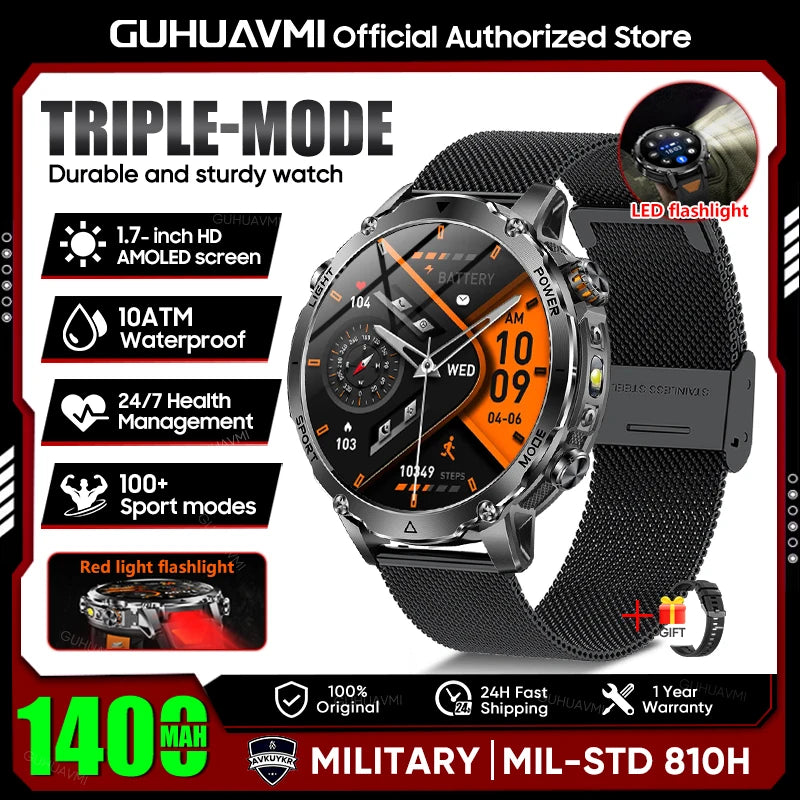 2026 New TANK Ultra 1400mAh Battery Military Smart Watch 10ATM Waterproof Heart Rate Tactical LED Flashlight Men Sports Bracelet