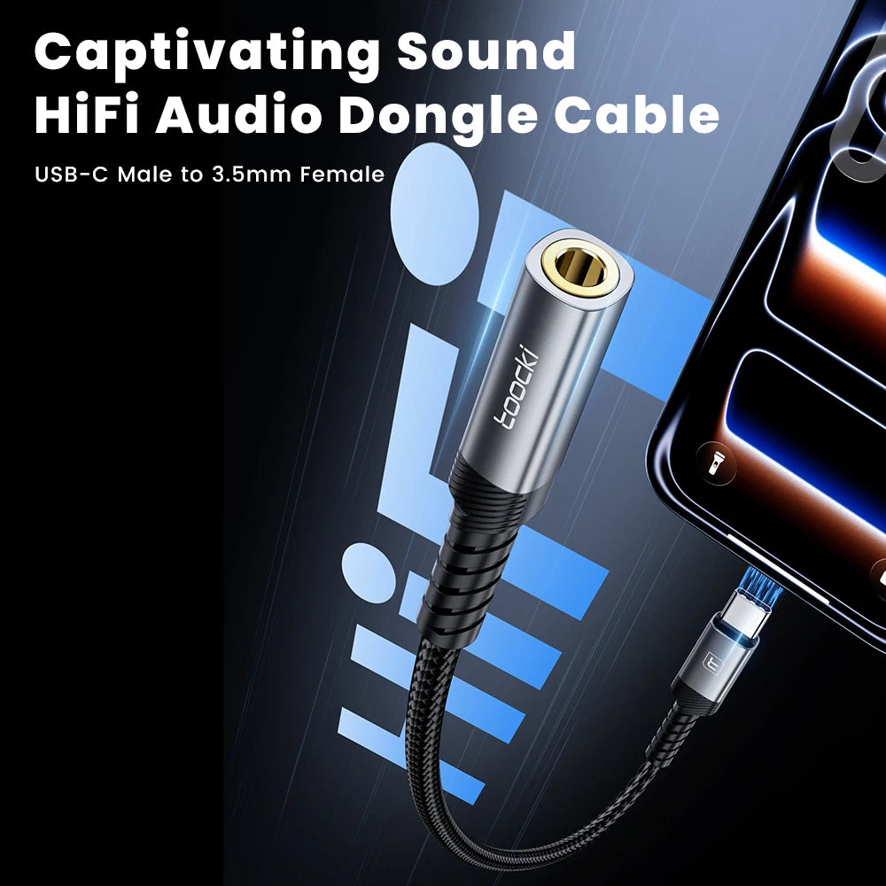 Toocki USB C to 3.5mm Jack Audio Adapter Type C Earphone Cable 0.12M Lightning Male to Female HiFi AUX Cable for iPhone Xiaomi