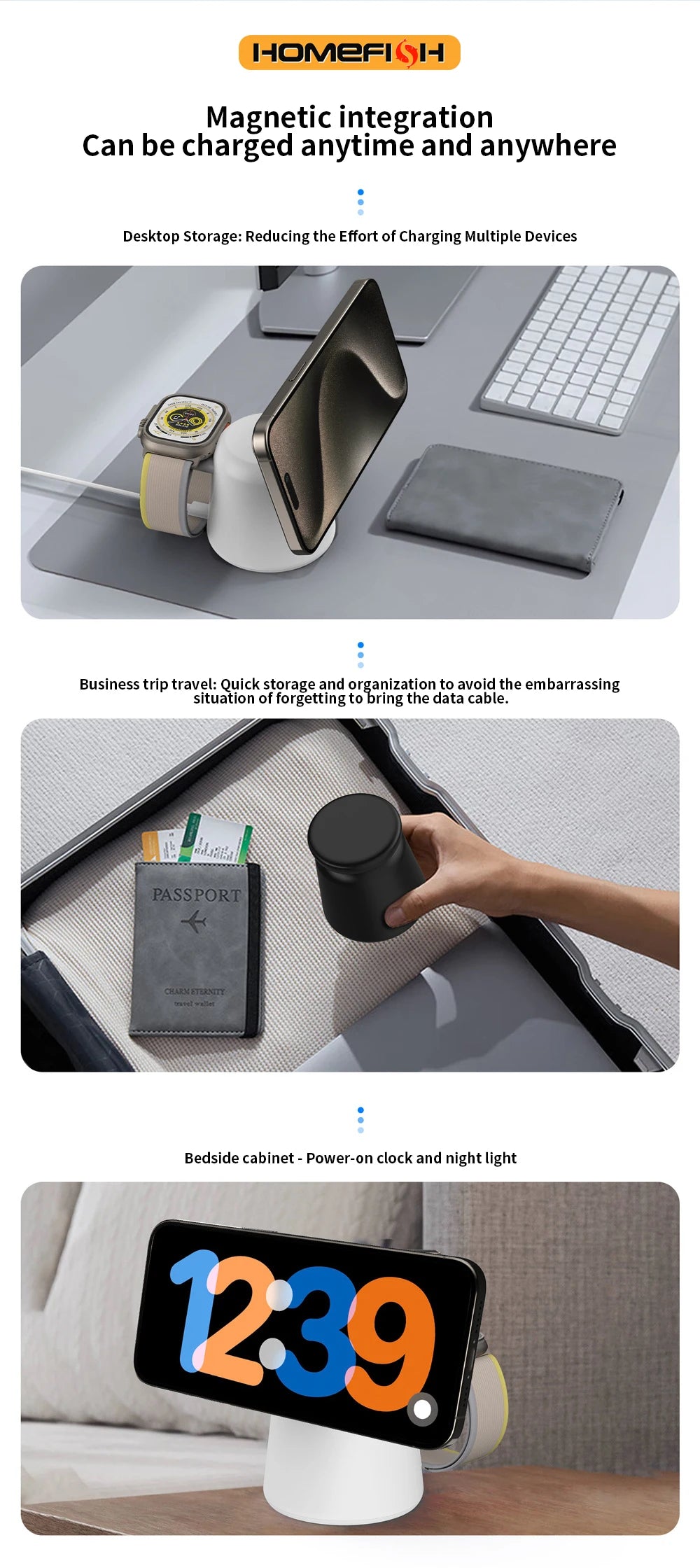 Three-in-one wireless magnetic charger stand fast charging base is suitable for iPhone IWatch 9 8 7 6