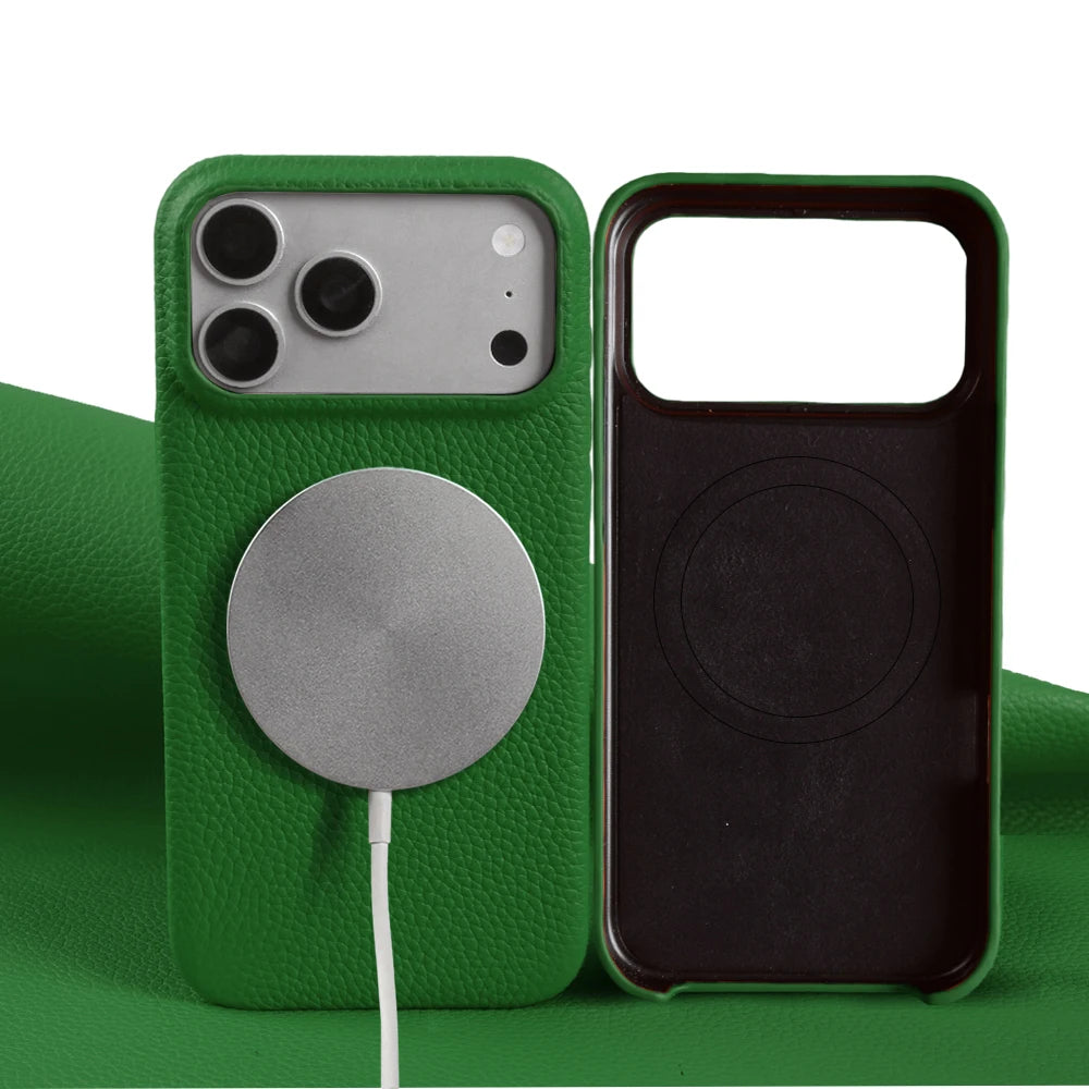 For Magsafe Magnetic Lychee Genuine Leather Case For iphone 17 Pro Max Air 13 14 15 16 Pro Max 16e 17e Phone Back Cover Cases