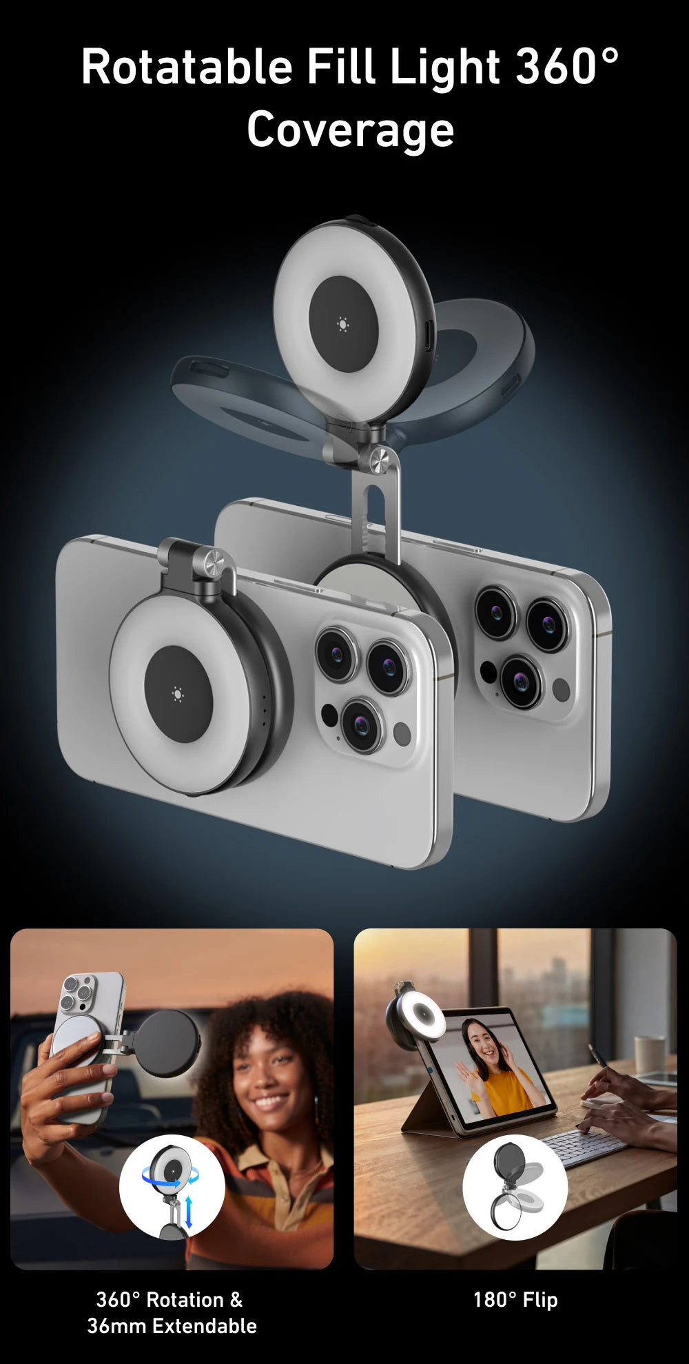 TELESIN Magnetic Fill Light Mini SSelfie Ring Fill Light 3 Modes with Mirror Light Universal for Smartphone Iphone Android