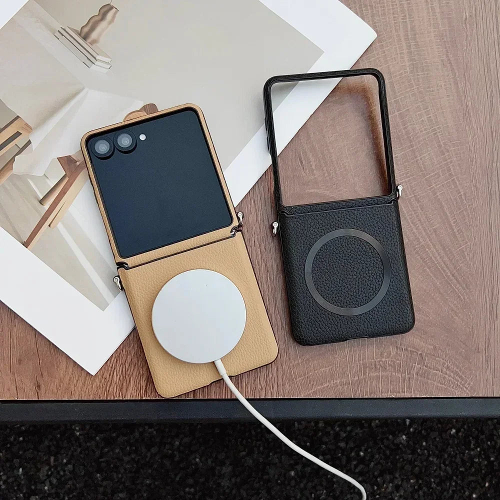 Original Lychee Pattern Leather for Magsafe Wireless Charging Case for Samsung Galaxy Z Flip 8 7 6 5 Strap Anti-drop Slim Cover