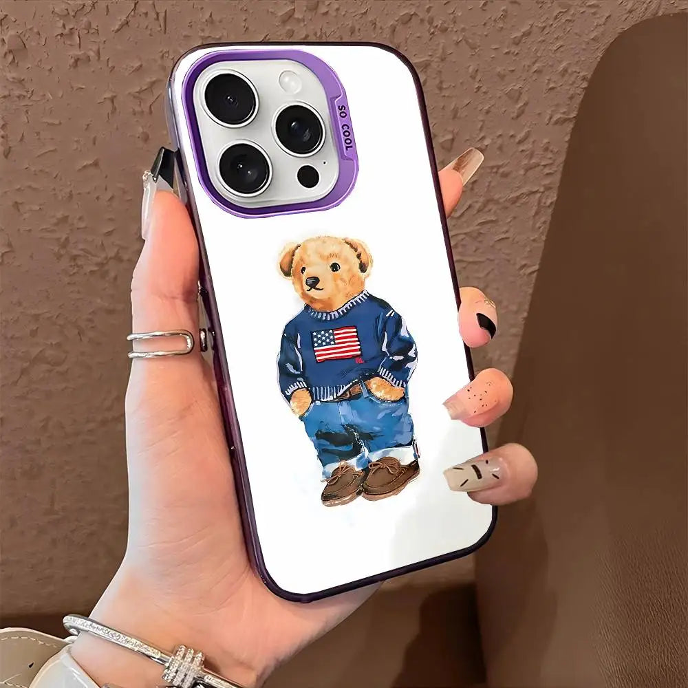 1PC Fashion Bear P-Polo Phone Case For IPhone 17 Air 16 15 14 13 12 11 Pro Max Plus Color Shockproof Back Silver Cove