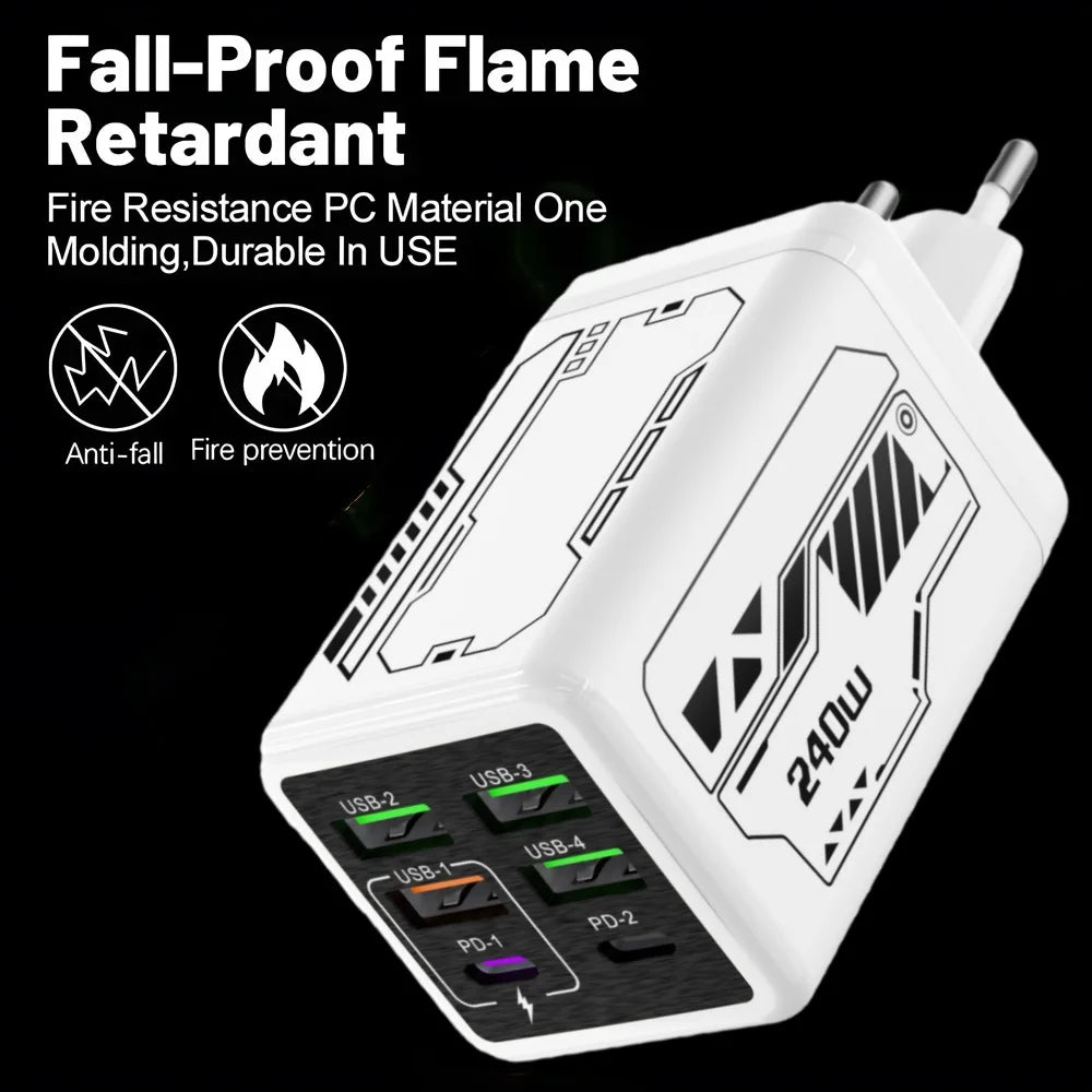 6 in 1 240W Type C Charger PD Fast Charging Phone Power Adapter For iPhone Samsung Xiaomi EU/US Plug Quick Charge Wall Charger