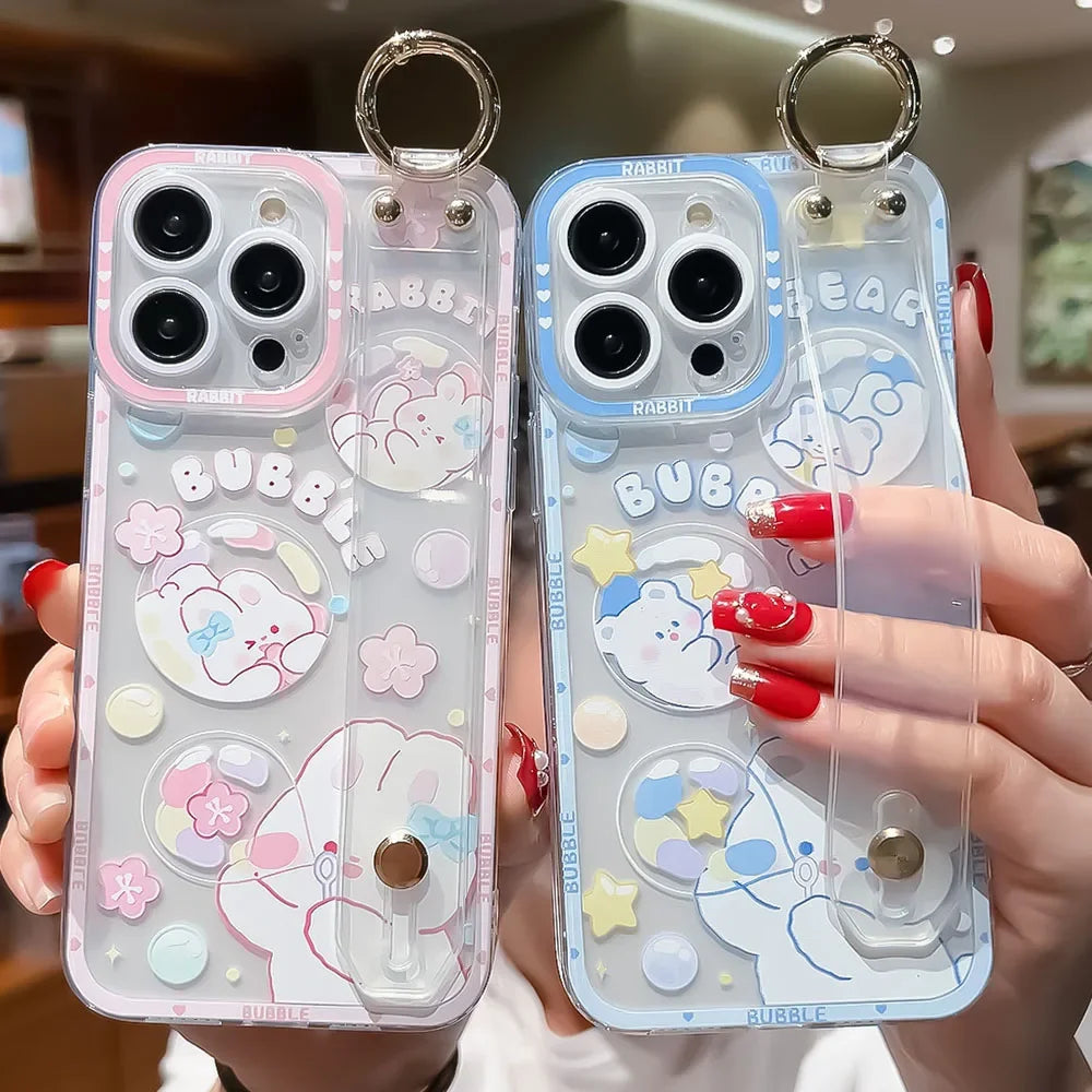 SoCouple Bear Rabbit Wrist Strap Case For Samsung S23 S24 S22 S21 S20 FE Plus Ultra Note 10 20 Soft Silicone Phone Holder Cover