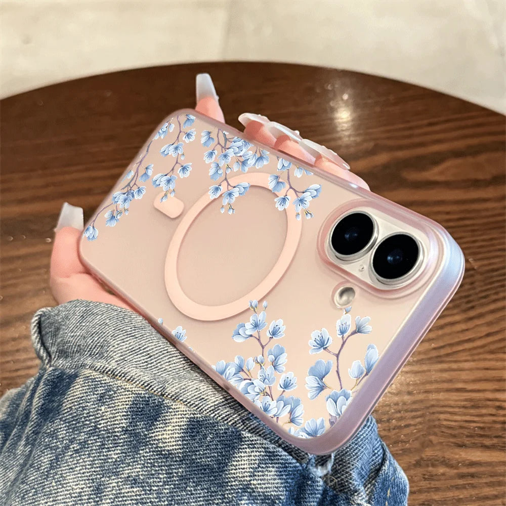 Light Blue Blossom Branch Print Wireless Charging Phone Case For Magesafe iPhone 17 16 15 14 13 12 Pro Max 17 Air Magnetic Cover