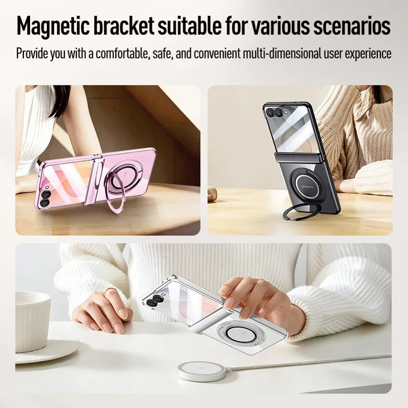 Premium Transparent Magnetic Snap-back Wristband Phone Case For Samsung Galaxy Z Flip 8 With Glass Screen Hinge Protection Cover