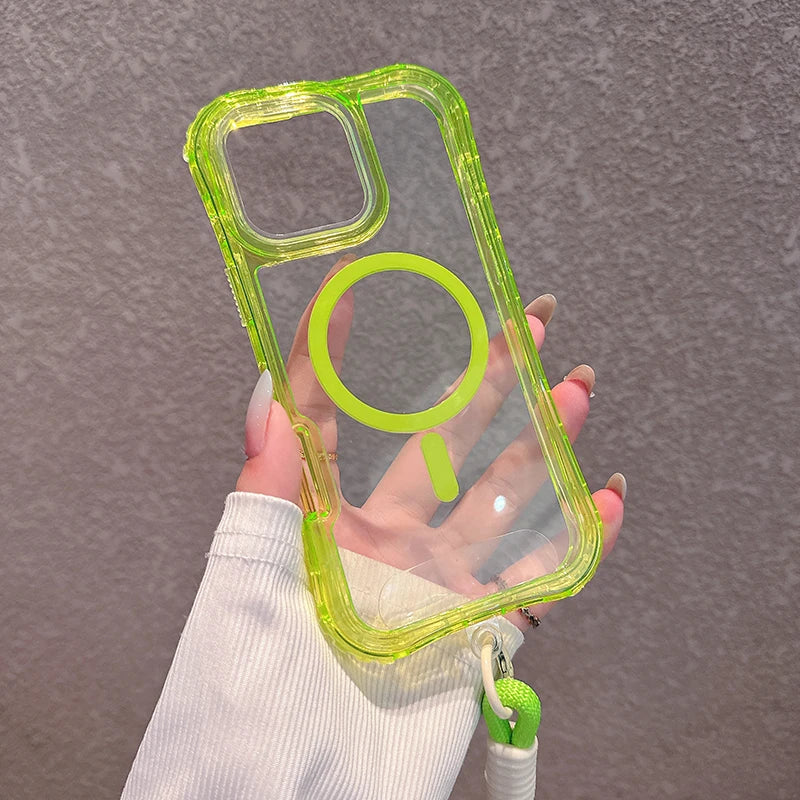 3IN1 Candy Color Clear Shockproof Phone Case for IPhone 17Air 16E 15 14 Plus 13 12 Pro Max Lanyard Magnetic Charge Protect Cover