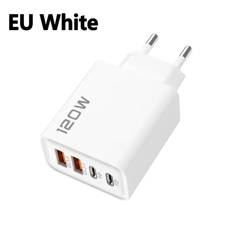 120W 4-Ports USB Type-C Charger Fast Charging Data Cable USB Phone Charger Adapter For Xiaomi IPhone17 16 15 Huawei Wall Charger