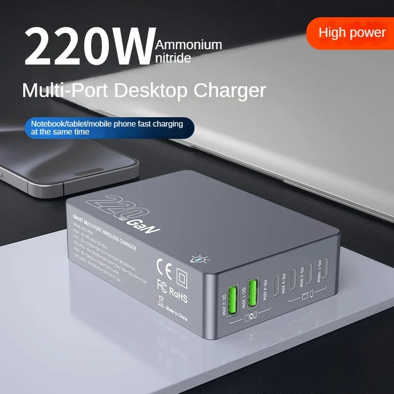 220W GaN Desktop Charger 6-Ports PD 100W USB Type C QC 3.0 Fast Charging Station for IPhone 16 Pro Tablet Macbook Samsung Laptop
