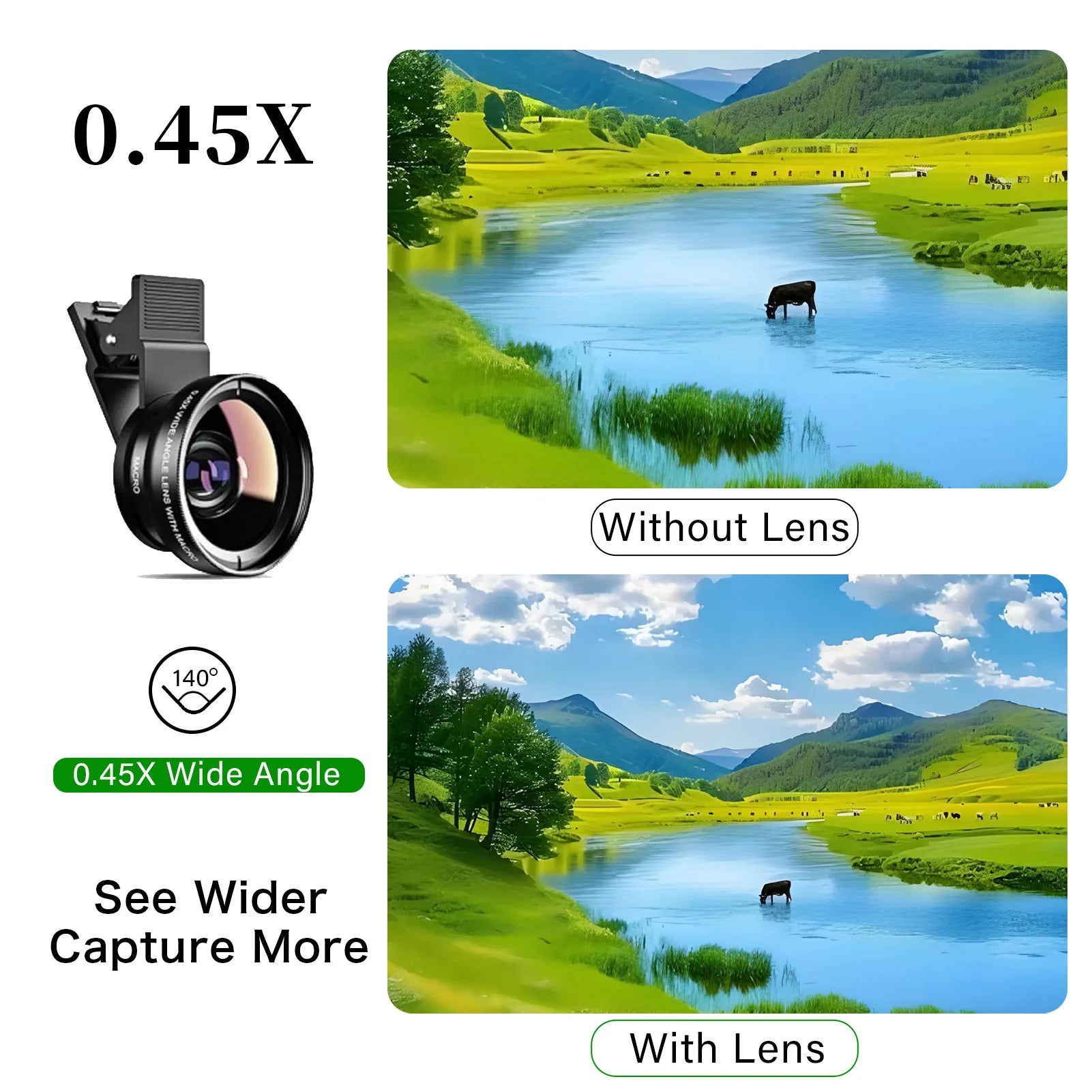 2 Functions Mobile Phone Lens 0.45X Wide Angle Len & 12.5X Macro HD Camera Lens Universal for iPhone Android Phone
