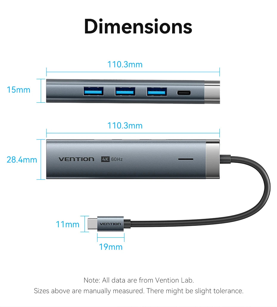 Vention 5 in 1 USB C 4K 60Hz HDMI HUB USB 3.0 HUB PD 100W Multiport Docking Station Adapter for MacBook Dell iPhone iPad Android