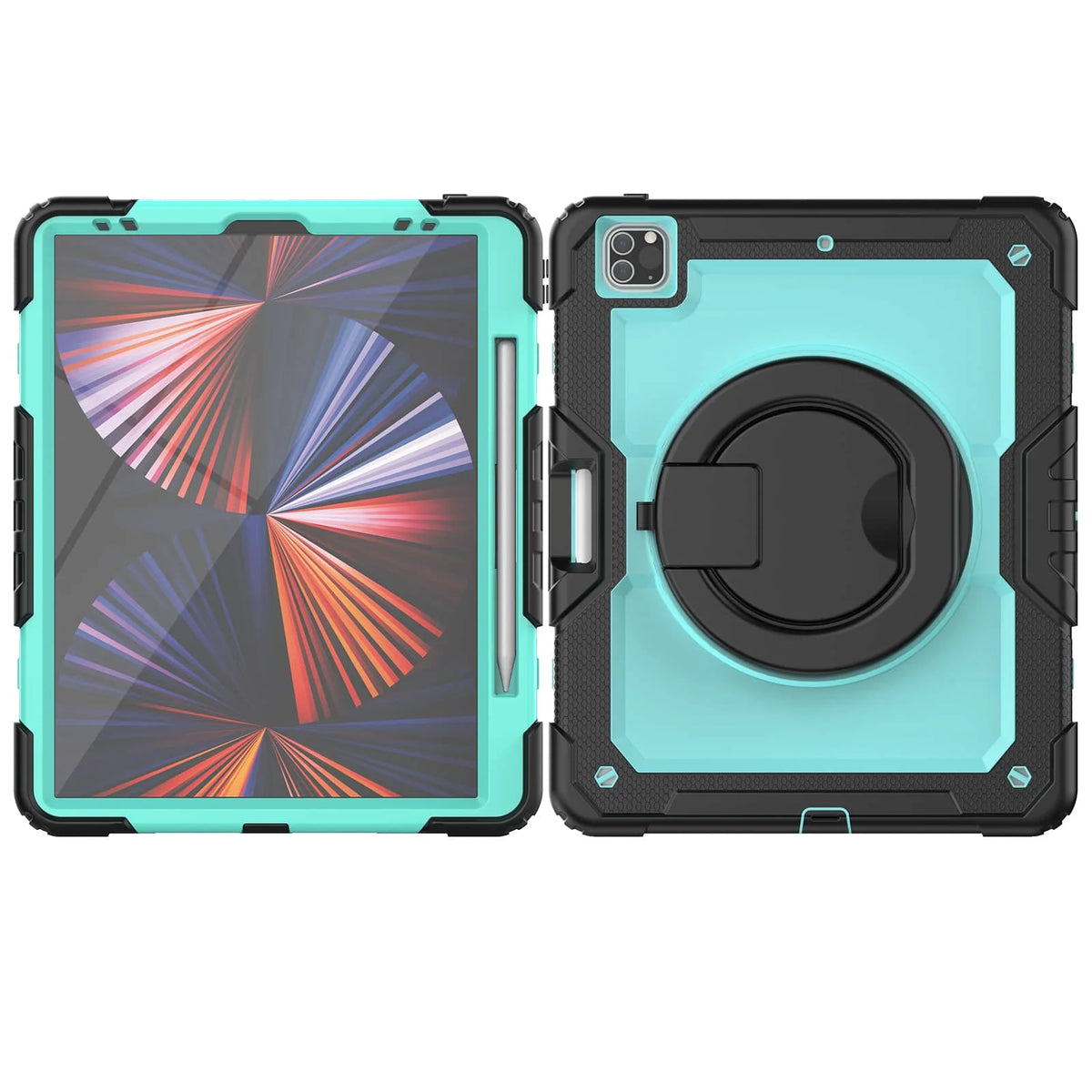 for iPad Pro 12.9'', Military Grade Shockproof Protective Silicone Cover 360 Folding Handle Grip + Handle Shoulder Strap