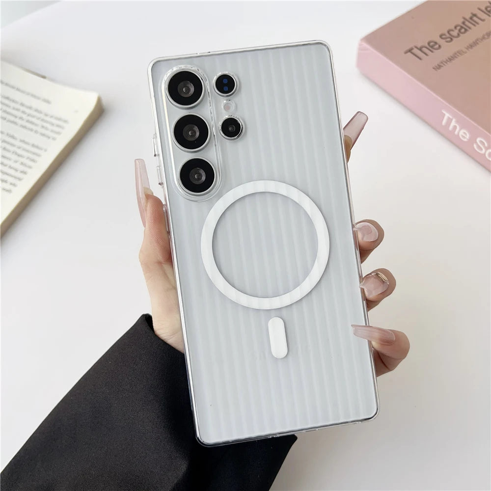 Matte Clear Corrugated Phone Case For Magsafe Samsung Galaxy S25 Ultra S24 S23 Plus Ultra Wireless Charging Magnetic Cover
