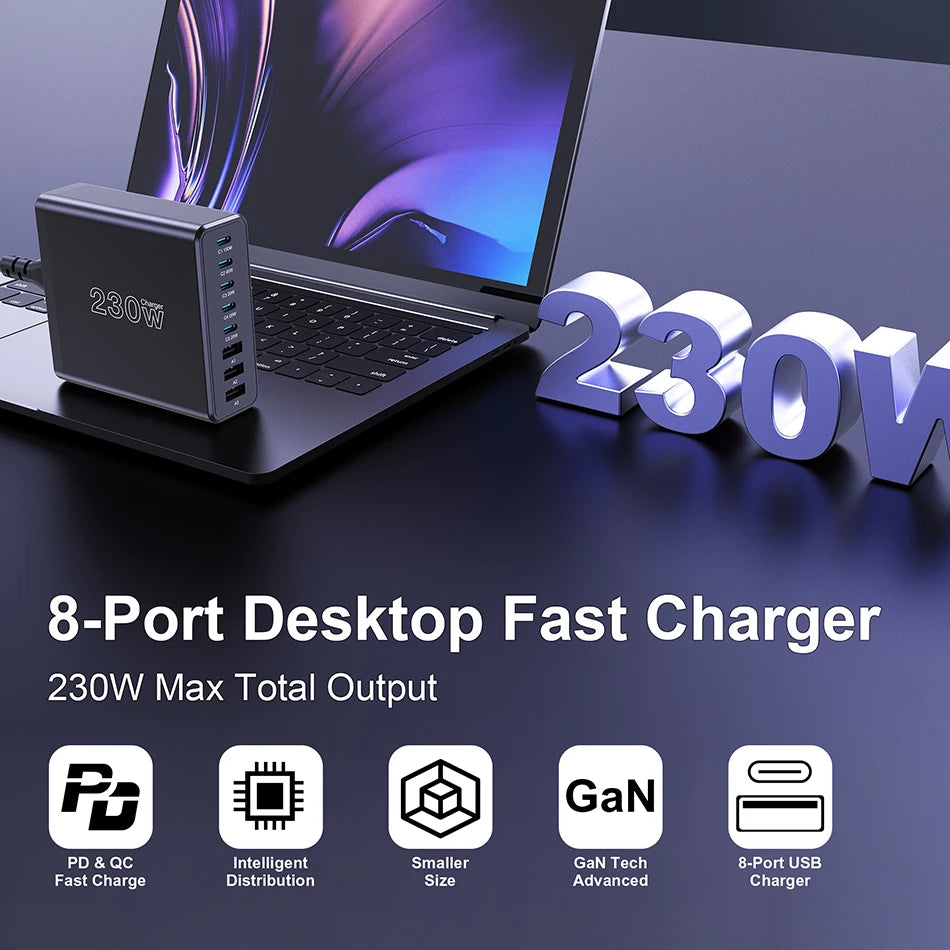 Ueetop 230W GaN USB C Charger Desktop Charging Station Multiple Port PPS PD 100W 65W 45W Fast Charge For Macbook iPhone Samsung