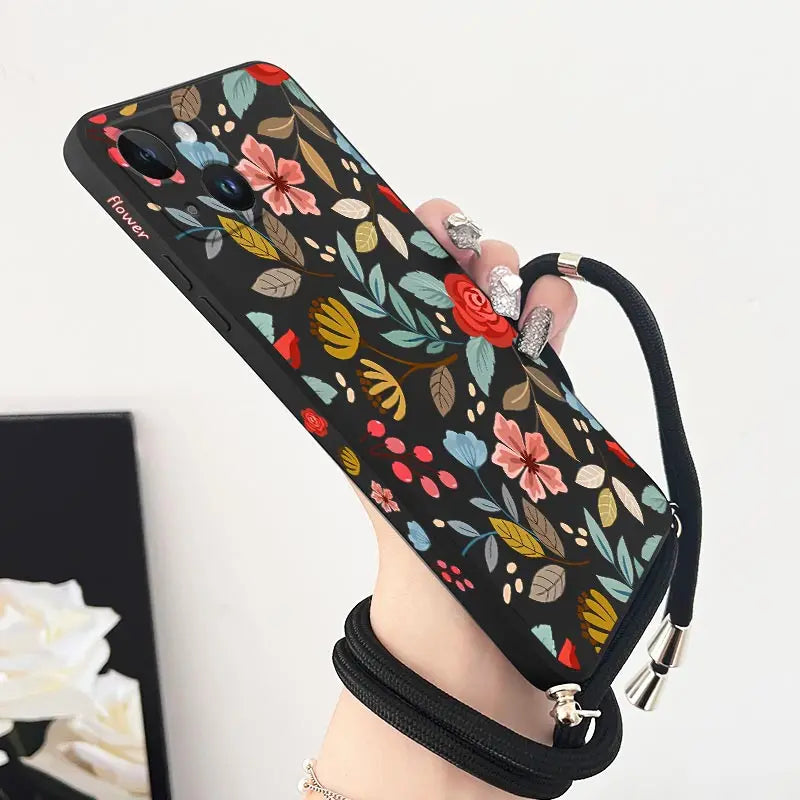Five Petals Flower Crossbody Lanyard Silicone Phone Case For iPhone 13 15 12 14 11 Pro Max Mini X XR XS 8 7 6 6S Plus Cover
