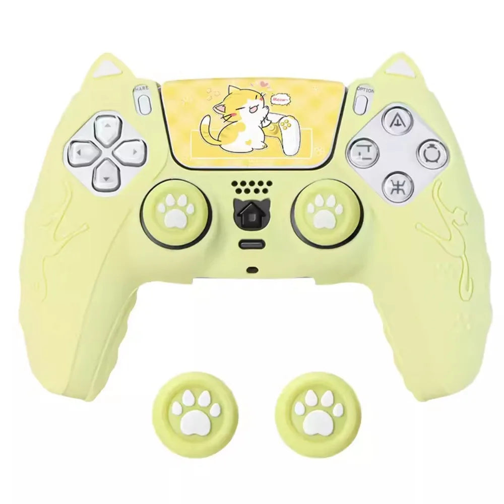 Silicone Controller Case Set Cat Paw with Sticker Controller Skin with Thumb Grip Caps Anti-slip Protective Shell Cover for PS5