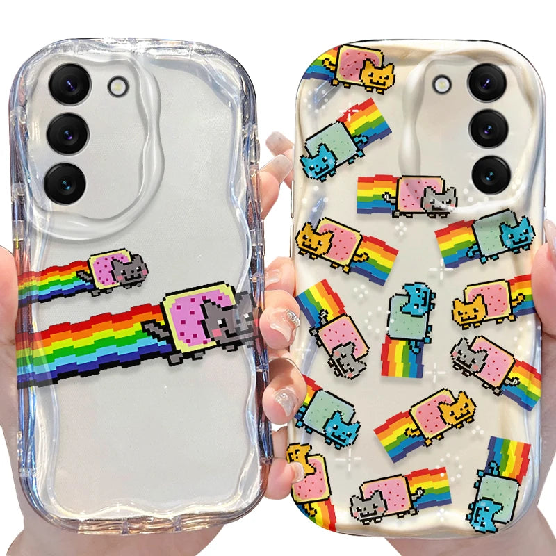Rainbow Cat Wave Case for Samsung Galaxy S25 S24 S23 S22 S21 Ultra Plus S20 FE A73 A72 A71 A56 A55 A54 5G A52 A52S A51 4G Cover