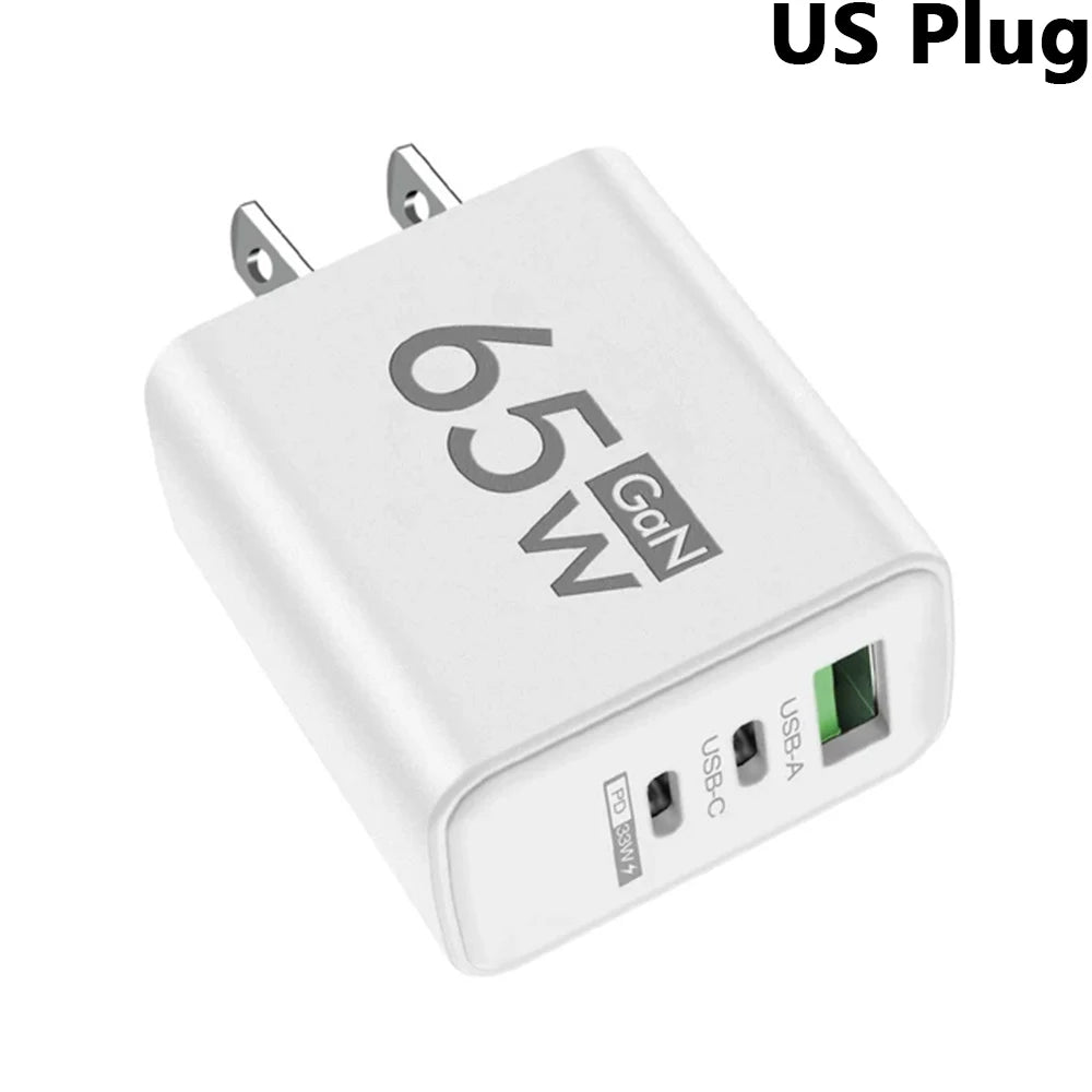 65W GaN Fast Charger PD 3.0 USB C Wall Charger 3 Ports QC3.0 For iPhone 15 16 Pro Samsung Xiaomi EU US Plug Mobile Phone Adapter
