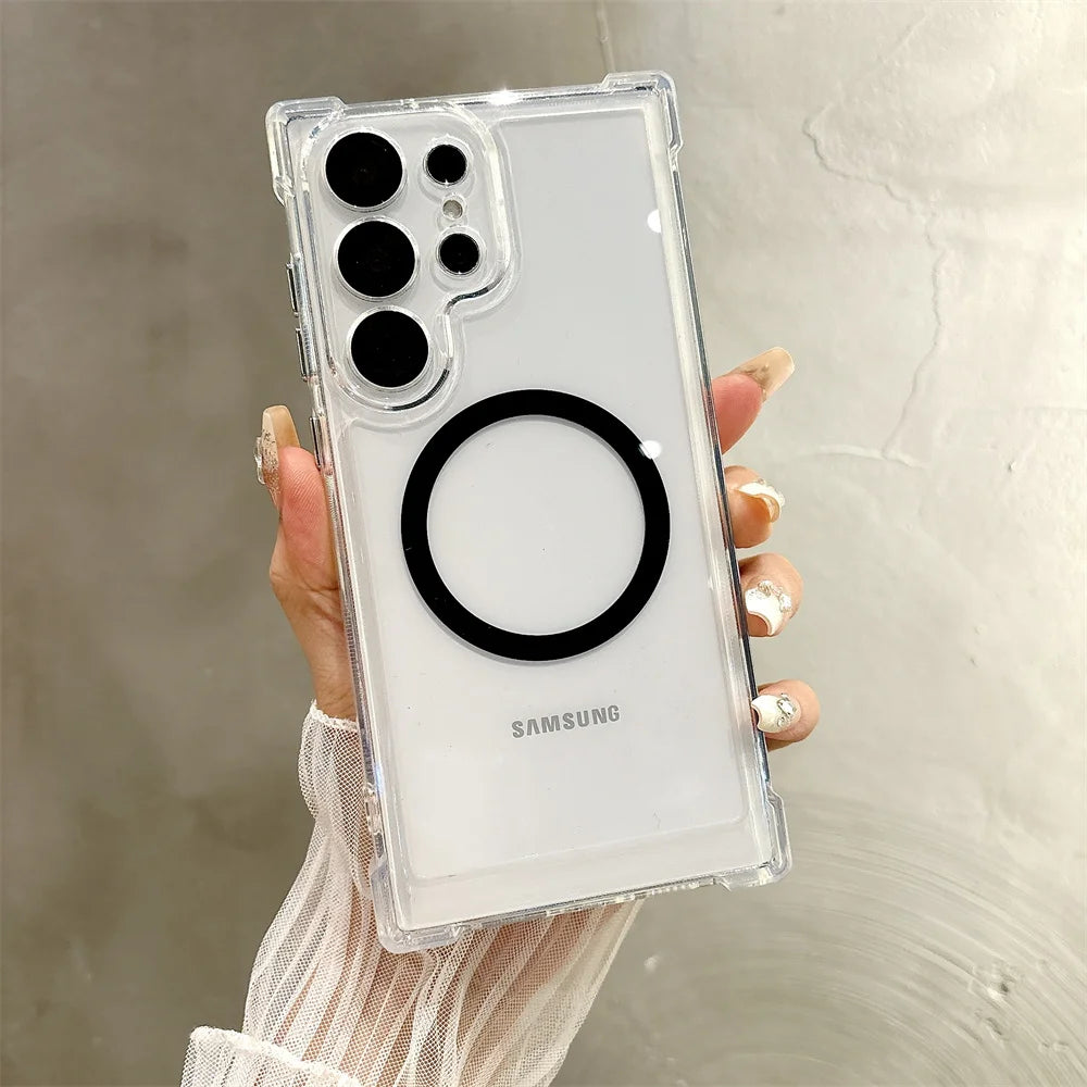 Transparent Armour Magnetic Case For Samsung S26 S25 S23 S24 Plus S21 S22 Ultra Corners Reinforced Shockproof Protection Cover