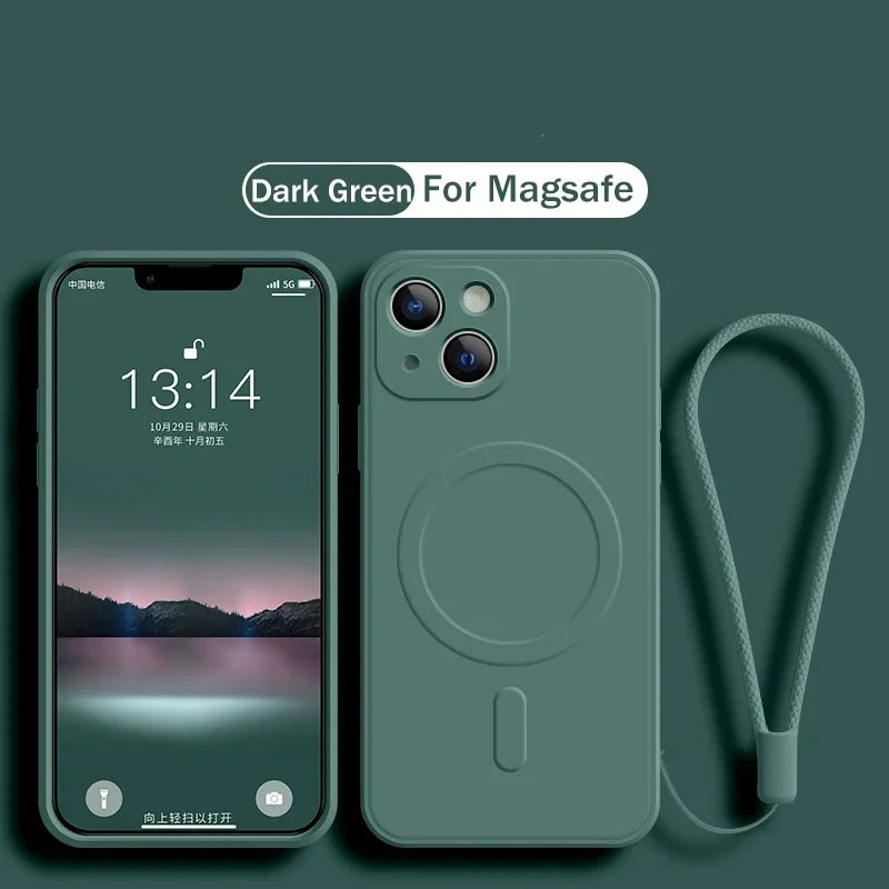 For Magsafe Magnetic Wireless Charge Case for IPhone 15 16 14 13 12 11 Pro Max Mini XR XS Plus Soft Liquid Silicone Strap Cover
