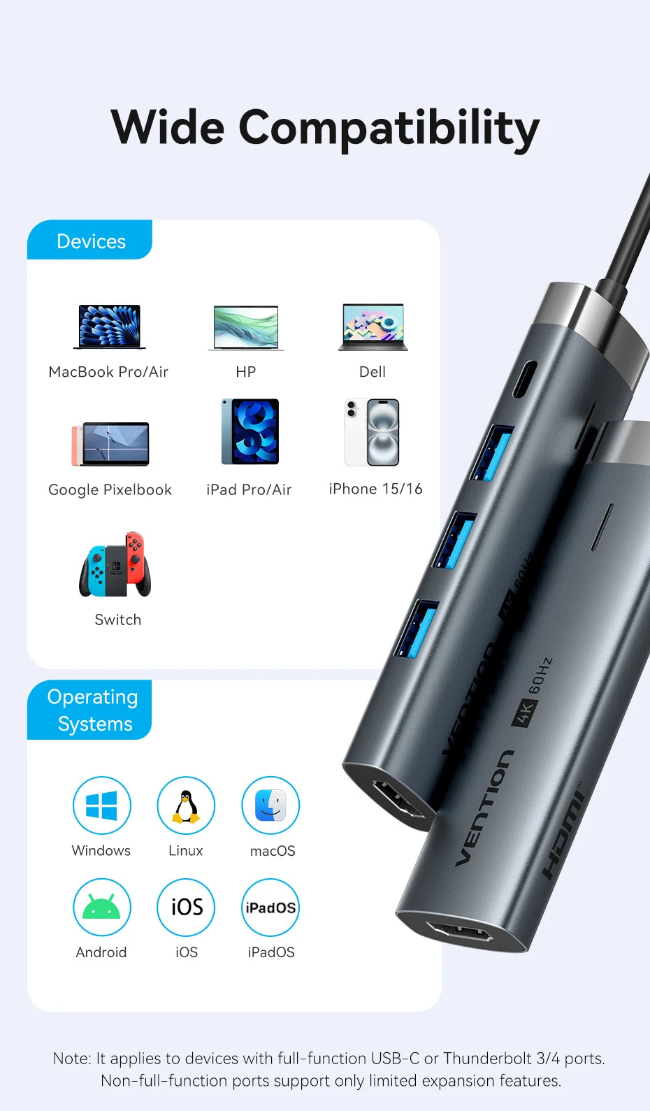 Vention 5 in 1 USB C 4K 60Hz HDMI HUB USB 3.0 HUB PD 100W Multiport Docking Station Adapter for MacBook Dell iPhone iPad Android