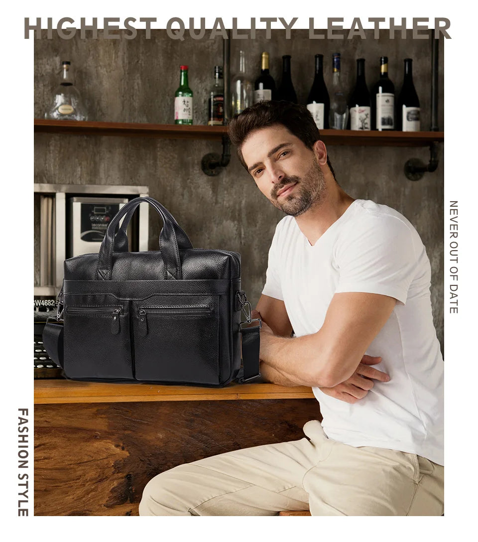 HUMERPAUL Men's Genuine Leather Briefcase Business Laptop Bag with Multiple Pockets Durable Handbag Shoulder Bags for Travel ﻿