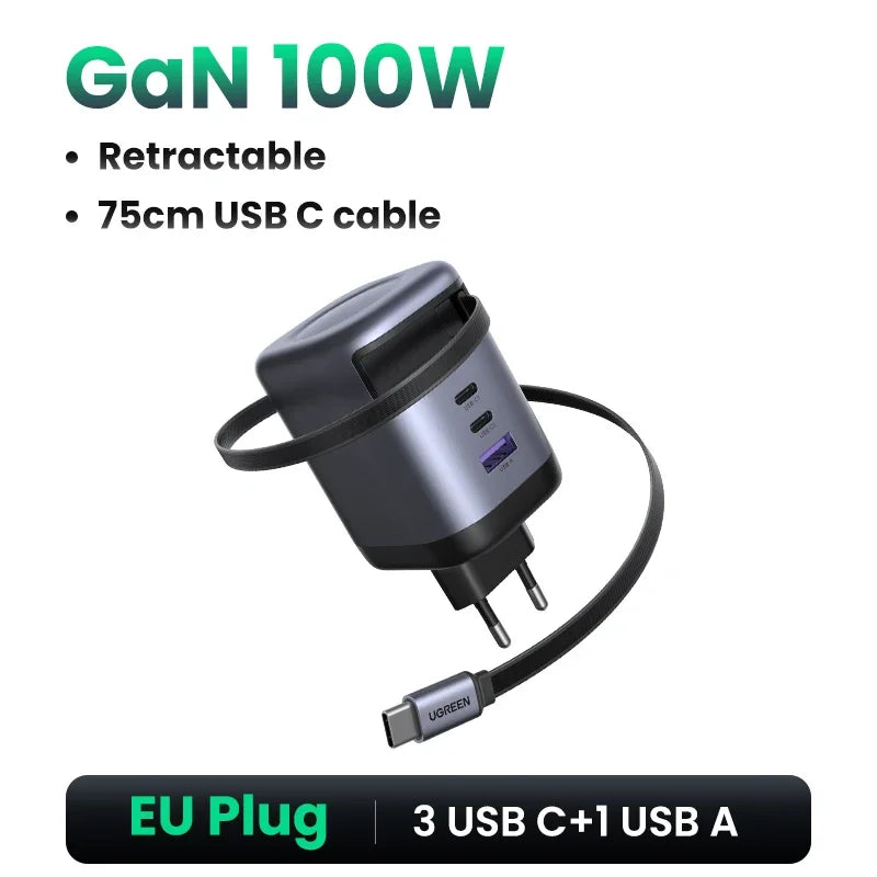UGREEN 100W GaN Charger With Retractable USB C Cable UFCS PPS PD Fast Charger For Laptop Macbook Pro iPad Tablet iPhone Samsung