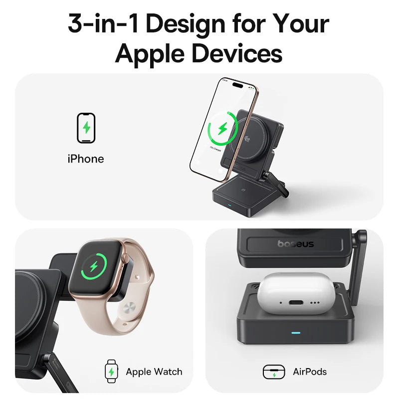 Baseus 3 in 1 Magnetic Wireless Charger Qi2.2 25W Fast Charging For iPhone 17 16 15 14 Apple Watch Earbuds AirPods Pro iWatch