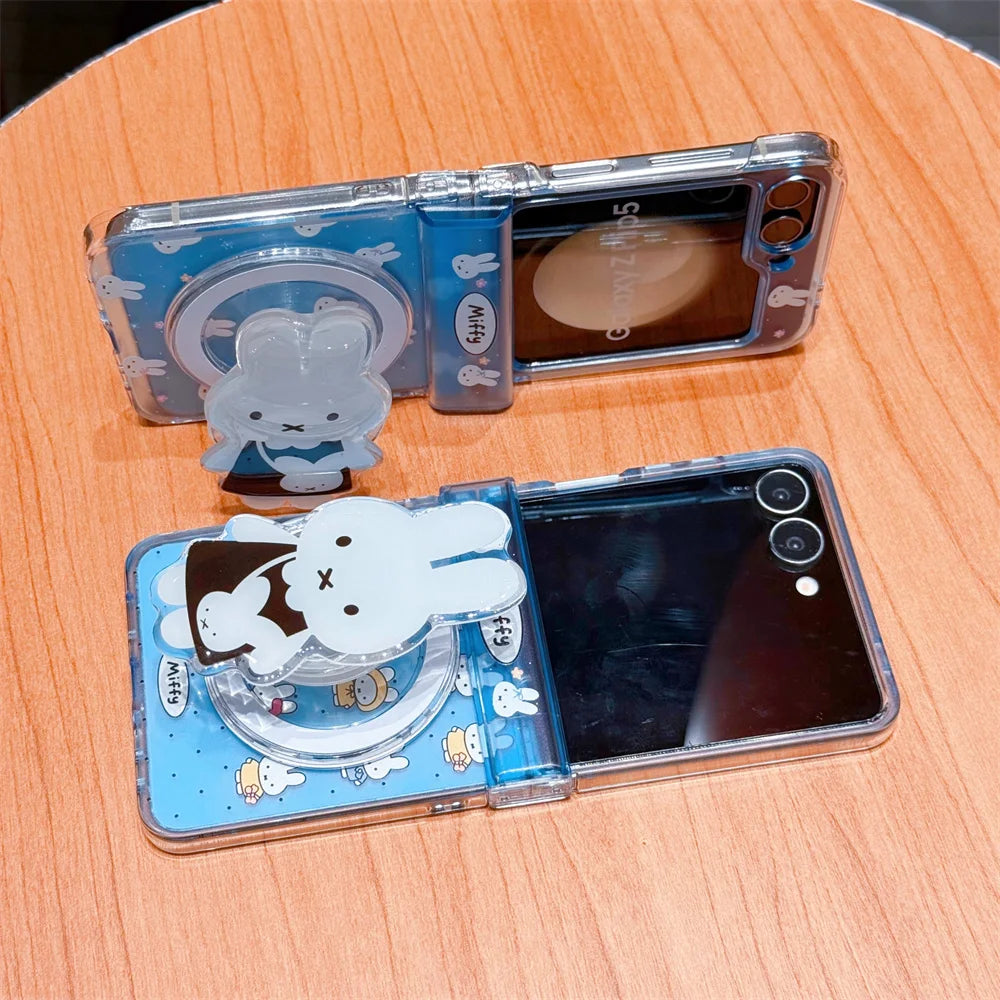 Cute polka dots Miffy Clear Folding Phone Case For Samsung Z Flip 8 7 6 5 4 3 flower Cartoon Miffy protect Cover Wrist Strap﻿﻿﻿﻿