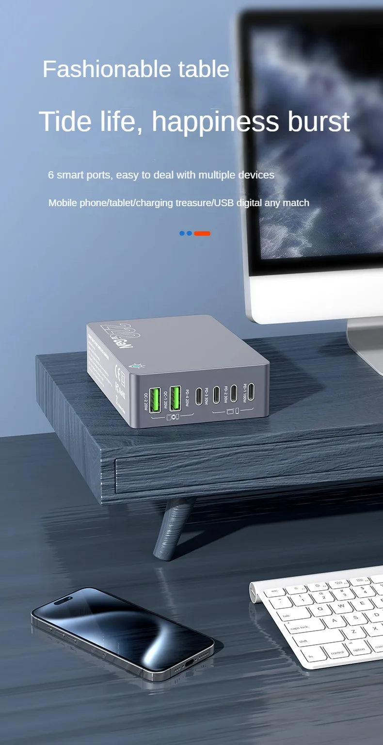 220W GaN Desktop Charger 6-Ports PD 100W USB Type C QC 3.0 Fast Charging Station for IPhone 16 Pro Tablet Macbook Samsung Laptop