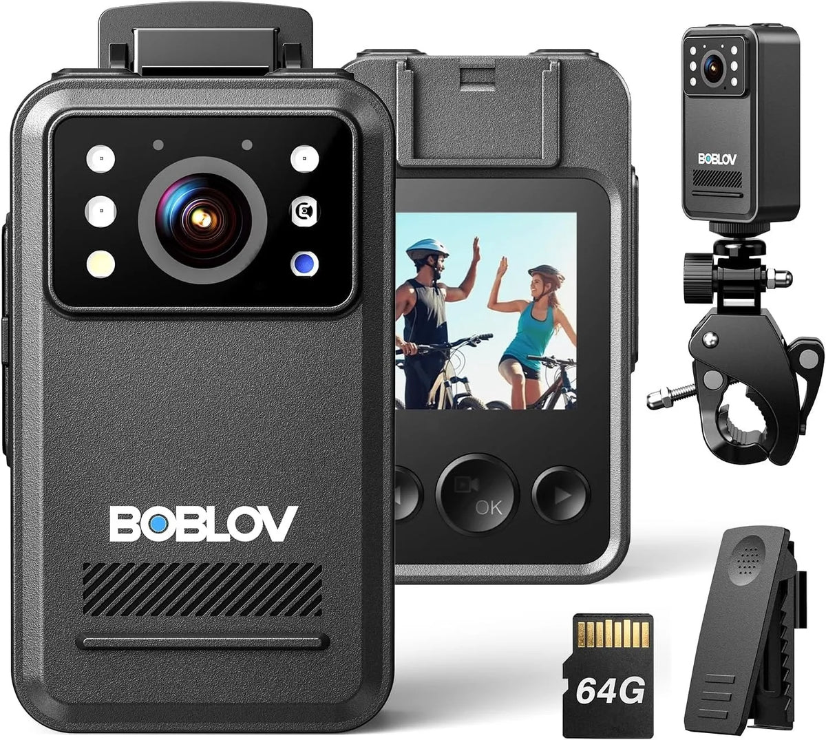 BOBLOV Mini Camera 1.54 Inch Display 2K 9 Hours Battery Recording Cam with Night Vision Wearable Body Camera for Bike Riding