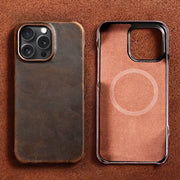 for Magsafe Case for iPhone 15 16 17 Pro Max Air Retro Luxury Full Grain Cowhide Genuine Oiled PULL-UP Leather Magnetic Cover