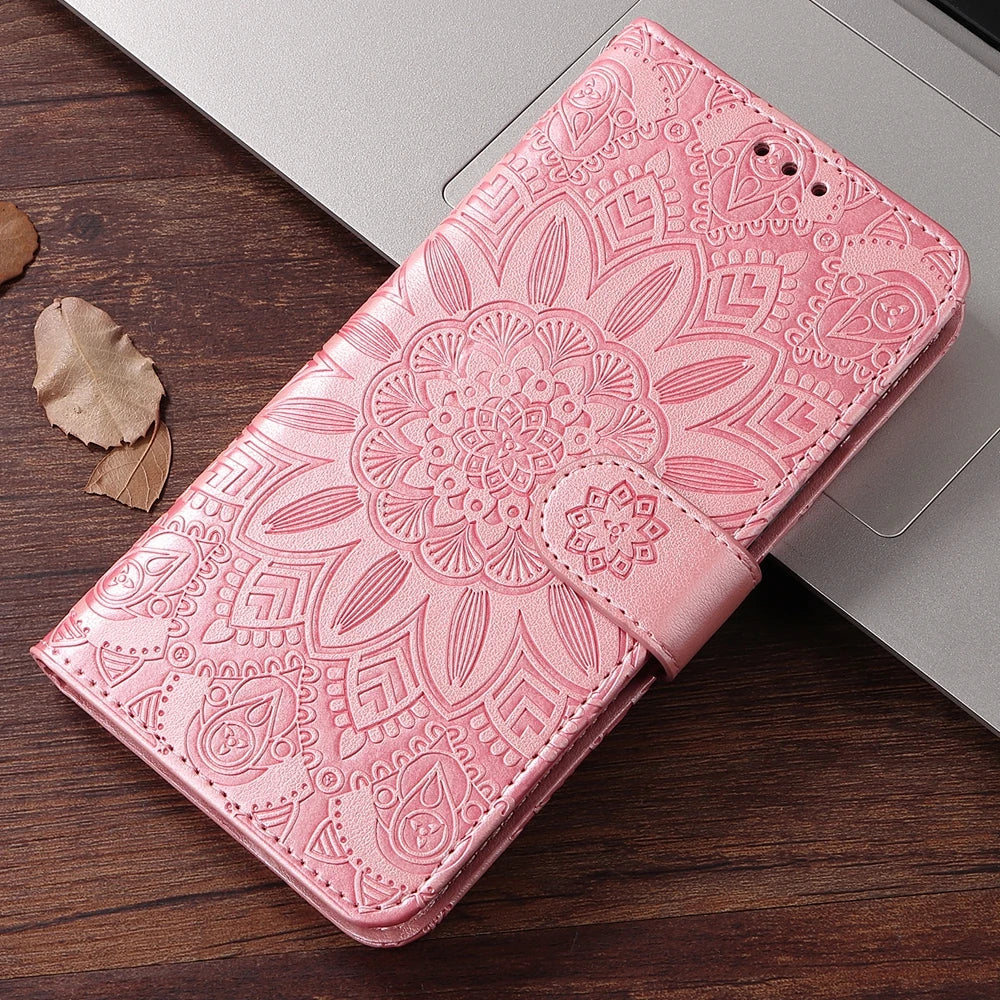 Magnetic Leather Wallet Flip Case for Samsung Galaxy S26 S25 Edge S24 S23 S22 S21 S20 S10 S10e S9 S8 Plus FE A07 Cover Sunflower