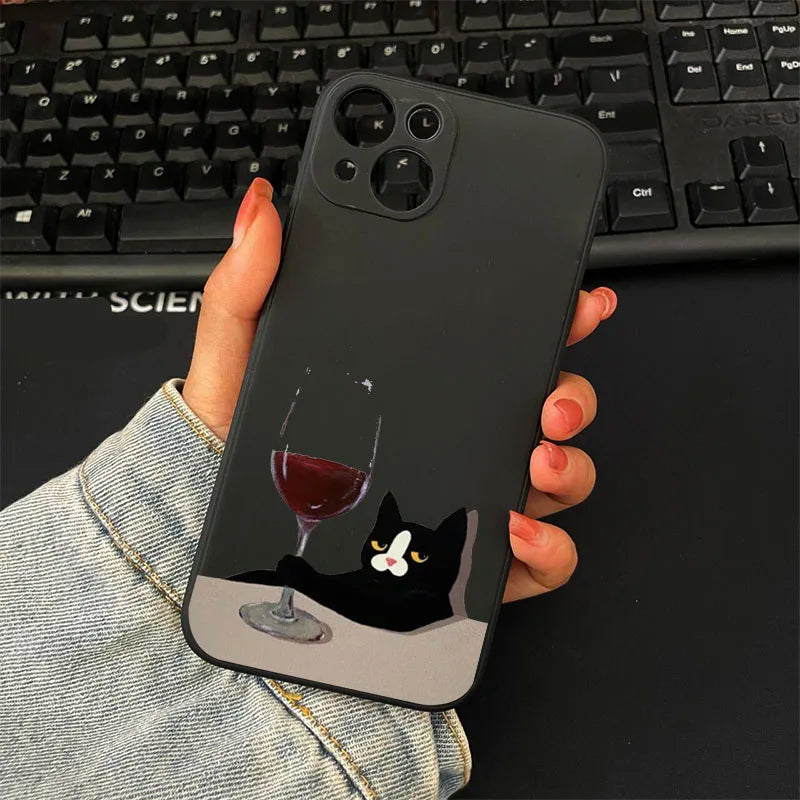 INS Cartoon Red Wine Black Cat Phone Case For Samsung Galaxy S23 S24 S25 Ultra S22 S21 S20 Plus FE A15 A35 A54 A55 A73 Cover