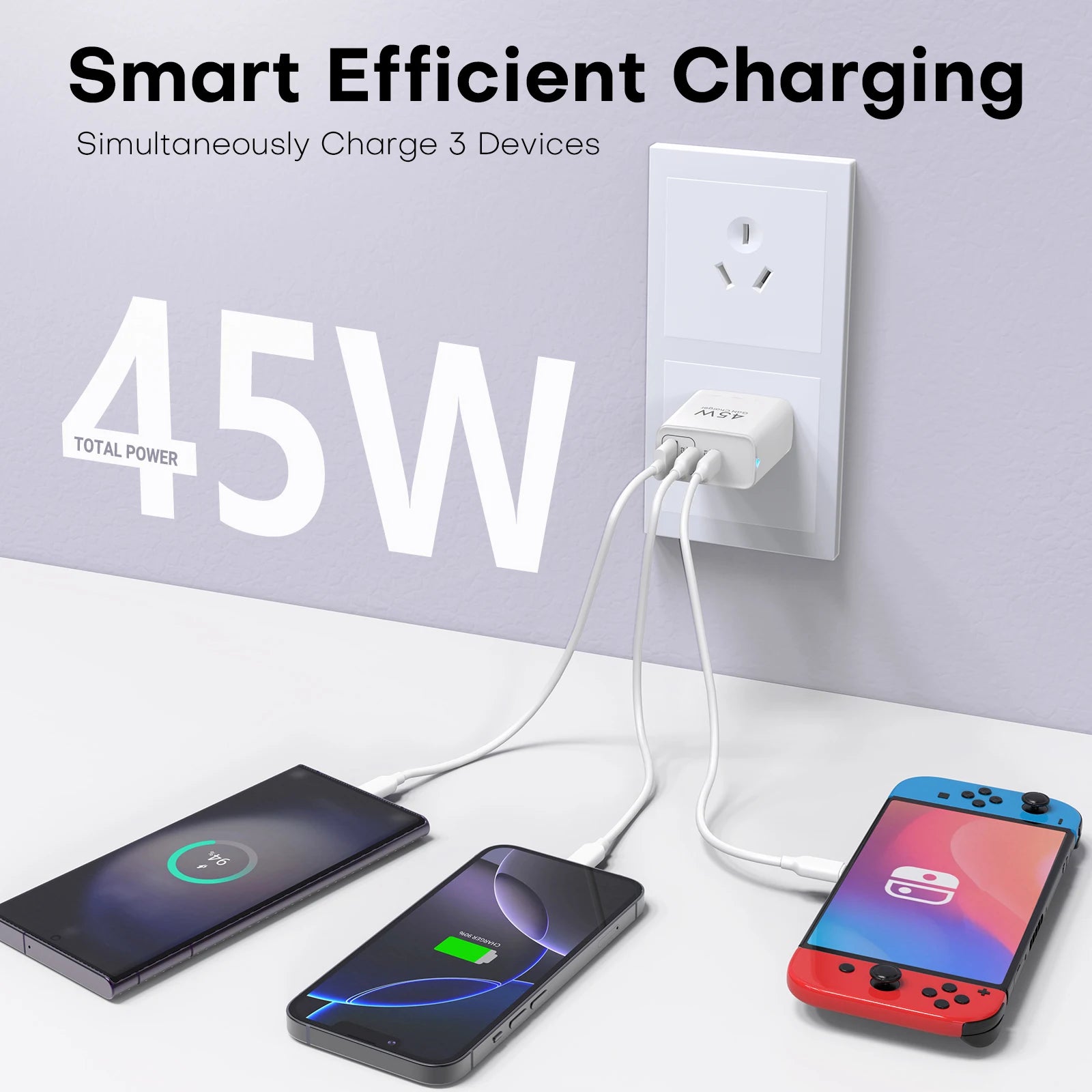 2-Packs 3in1 45W USB Charger Fast Charge QC 3.0 Wall Charging For iPhone Samsung Xiaomi Mobile EU US AU  Plug Adapter Travel