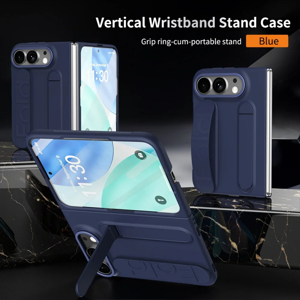 For iPhone Duo Cases Luxury Wristband Folding Bracket Case for iPhone Duo 2026 Fold Wrist Strap Built-in Screen Protector Cover