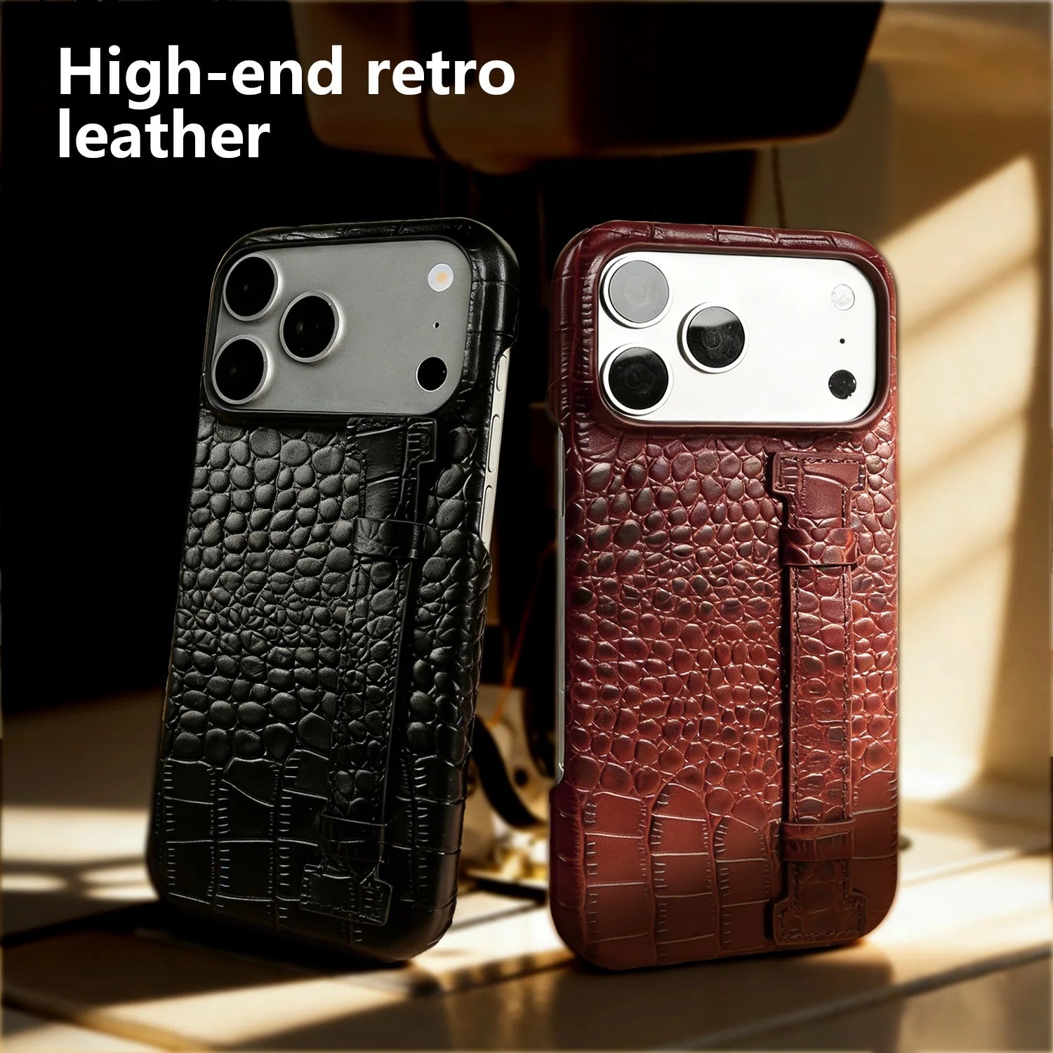 Luxury Genuine Leather Case With Wrist Strap Kickstand For iPhone 17 Pro Max 16 15 14 13 12 Crocodile Pattern Protective Funda