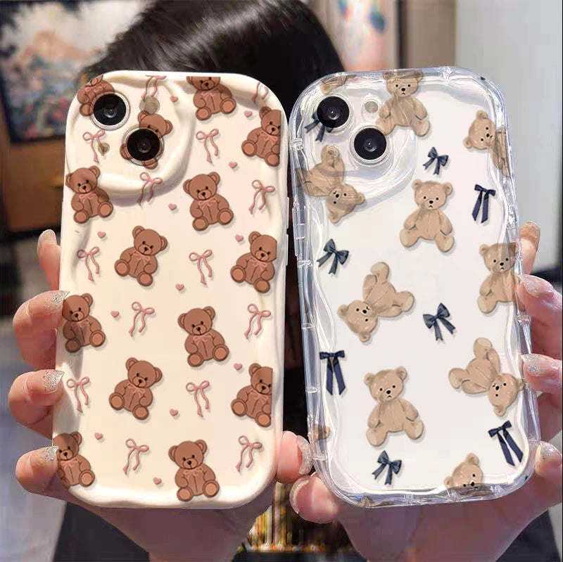 Cute Sweet Bow Bear Case For Samsung Galaxy S25 Ultra S22 S21 S20 Plus S21FE S20FE S25FE A31 Cartoon Silicone Wave Side Cover