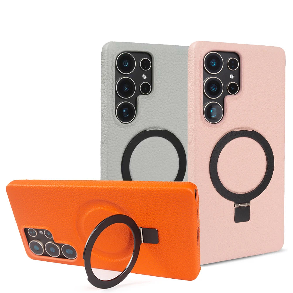 Magnet Ring Stand Phone Case For Samsung Galaxy S25 Ultra S24 S23 S22 S21 S20FE Cover Genuine Leather Case Magnetic Back Cover