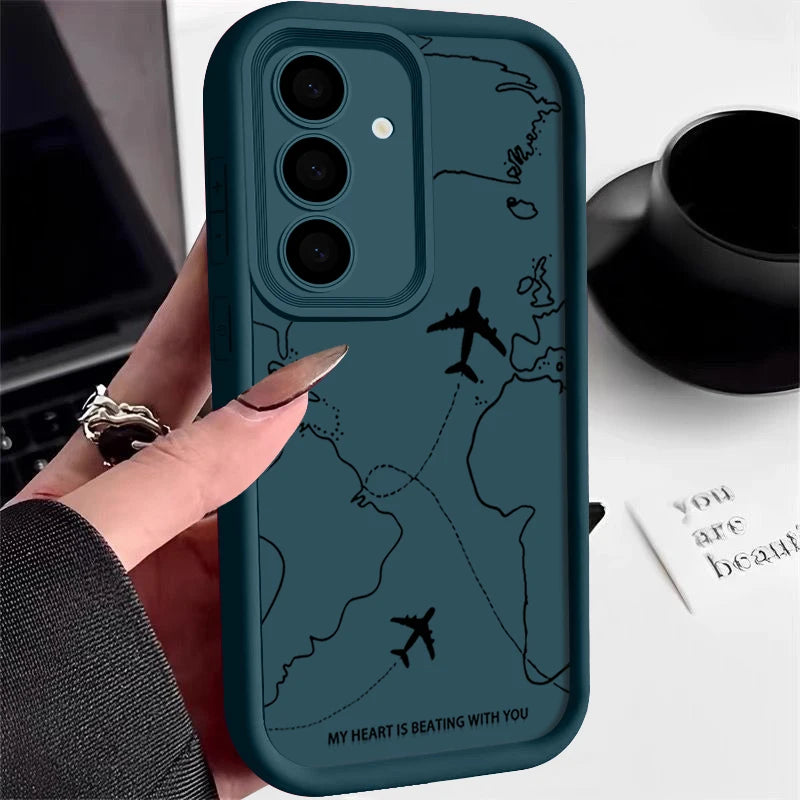 Airplane Route Silicone Case For Samsung Galaxy S25 FE Edge S26 S24 S23 Ultra S22 Plus A57 A37 A17 A14 A15 A55 A56 A36 A26 Cover