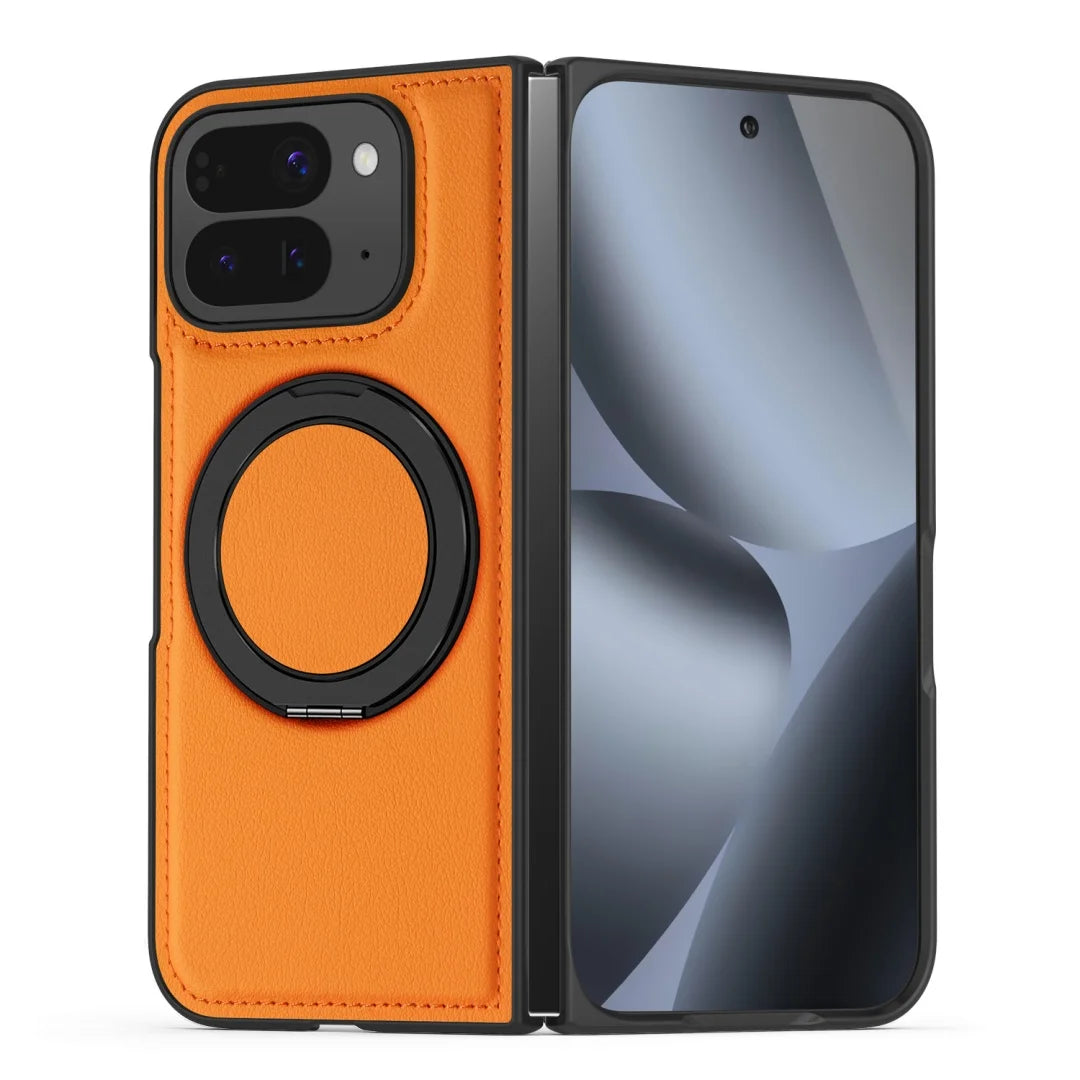 Embossed PU Leather Case For Google Pixel 10 Pro Fold Magsafe 360° Rotation Metal Stand Comfort Grip Case Cover