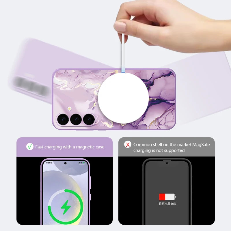 For Samsung Galaxy S26 S25 S24 S23 Ultra Plus S25 FE S22 Marble Case Magnetic For Magsafe Wireless Charge Silicone Lanyard Cover