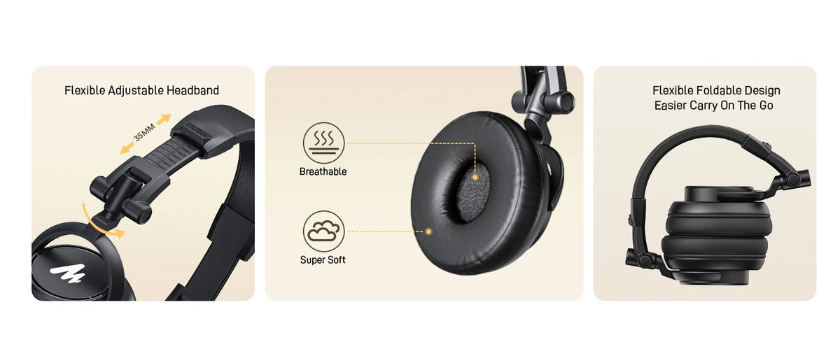 MAONO MH601 Studio Monitor Headphones with Detachable Plug & Cable 50mm Driver Wired Headset Over-Ear Headphones for DJ Studio