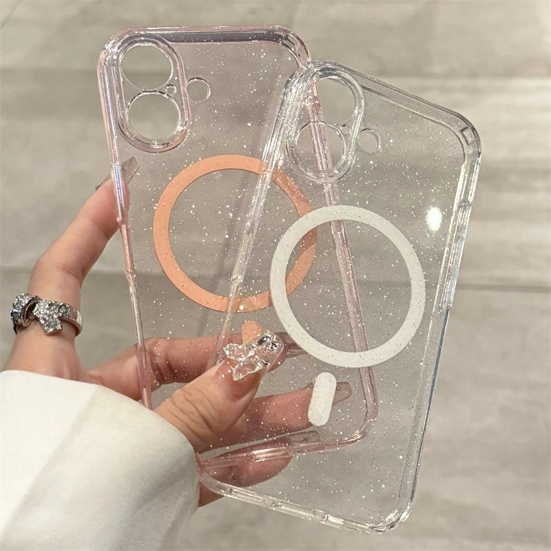 Luxury Glitter For Magsafe Transparent Case For iPhone 13 14 15 16 17 Pro Max Air Plus Magnetic Wireless Charge Soft Bling Cover