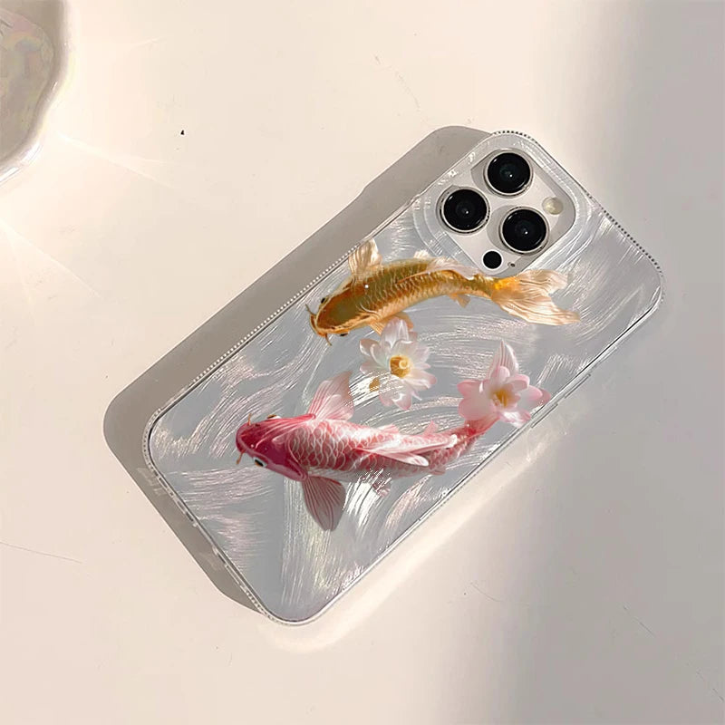Feather Yarn Colorful Golden Lotus Koi Phone Case For iPhone 11 12 13 14 15 16 17 Air Pro Max XS XR X 7 8 Plus 16E SE 2 Cover