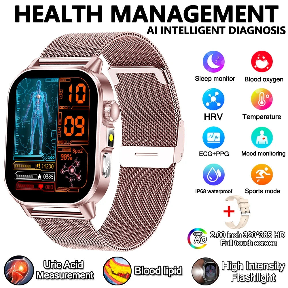 2026 New Model Uric Acid & Lipid Health Analysis Smart Watch Men ECG+PPG Bluetooth Call 2.01-inch Flashlight Smartwatch Women
