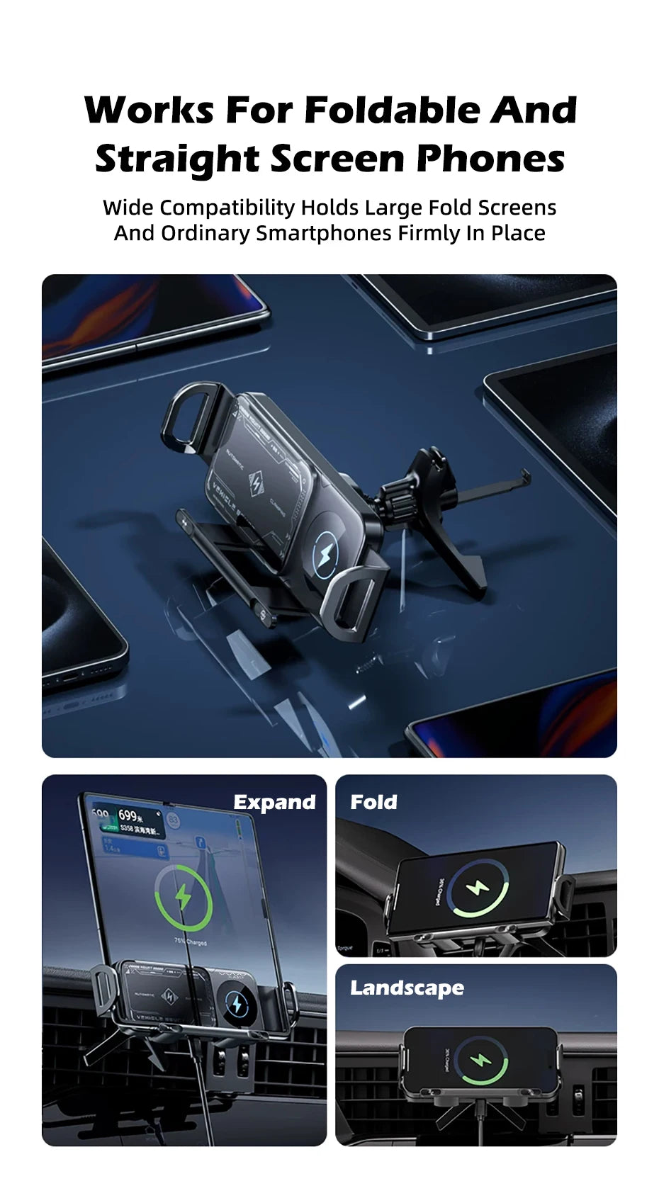 Car Wireless Phone Holder Fast Charging Air Vent Mount Screen Phone Stand for Samsung Galaxy Z Fold 6 5 Flip 4 3 Tablet Holder
